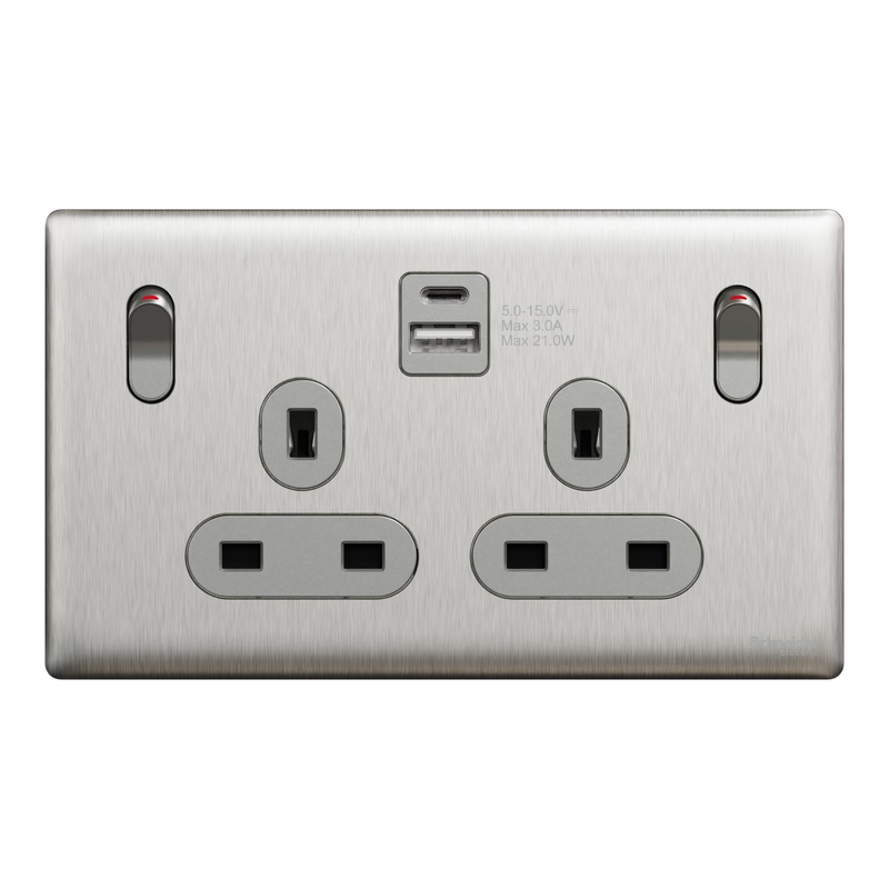 

Scheider Electric Schneider Electric Switched socket with USB, Unica X, 13A, 250V, 2 pole, type A+C, 21W, stainless steel - NUX25DACQUS_SS