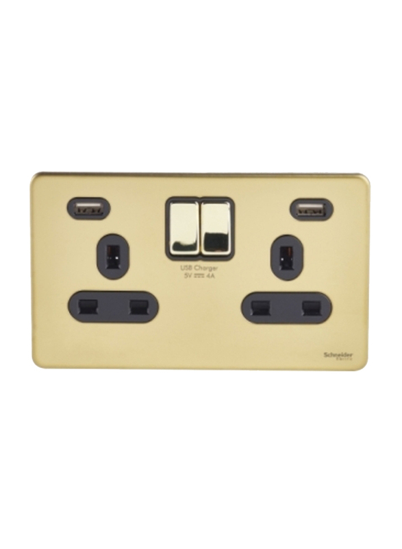 Schneider Electric Ultimate 13A 2 Gang Switched Socket 2 USB Charger, Brown