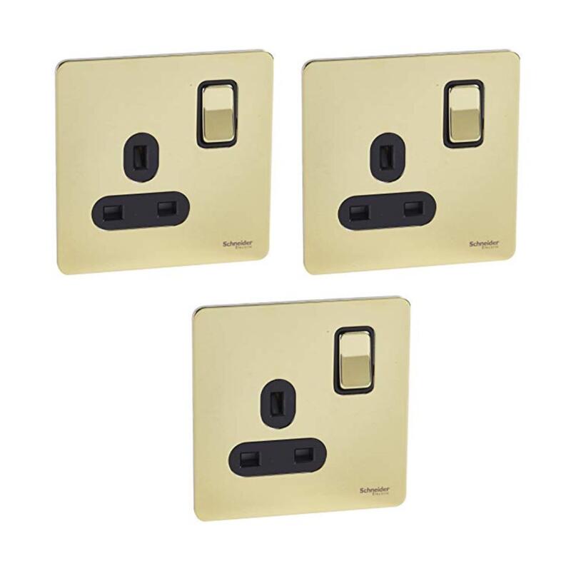 Schneider Electric GU3410-BPB 13A 1-Gang Ultimate Screwless Flat Plate Switched Socket, Brass - Pack of 3