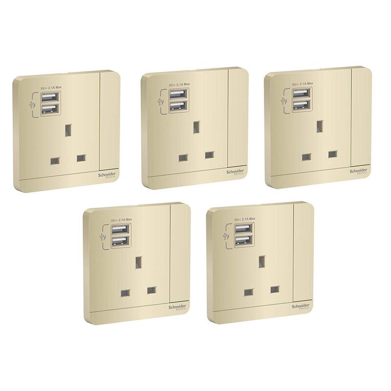 Schneider Electric E8315USB_WG_G12 AvatarOn Gold - Single 13A Socket combined 2 x USB ports 2.1 A - Pack of 5