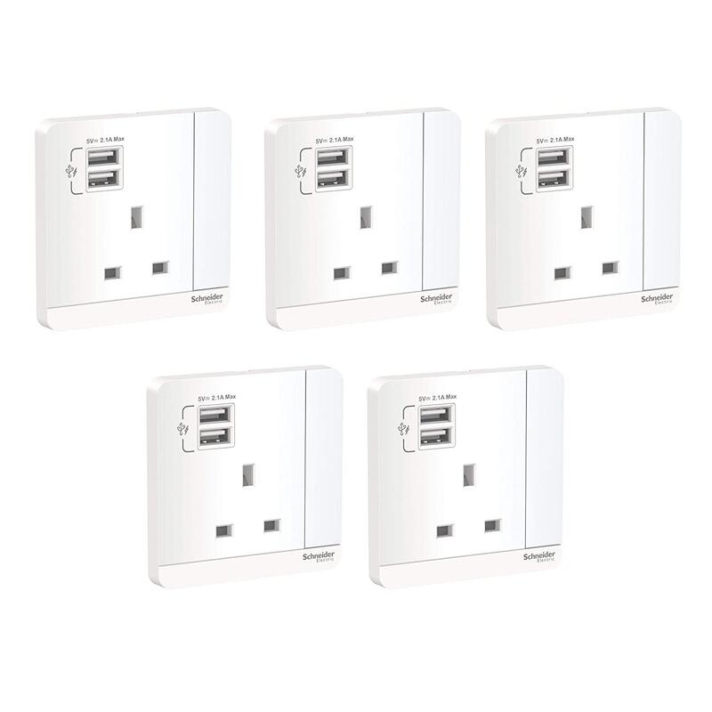 Schneider Electric E8315USB_WE_G12 AvatarOn 3P 13A 2 USB Charger + Switched Socket, White - Pack of 5