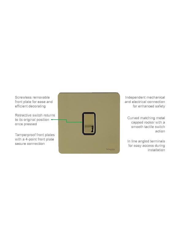 Schneider Electric Ultimate Screwless 10A 1 Gang 2 Way Flat Plate Retractive Bell Switch, GU1412R-BPB, Polished Brass with Black Insert