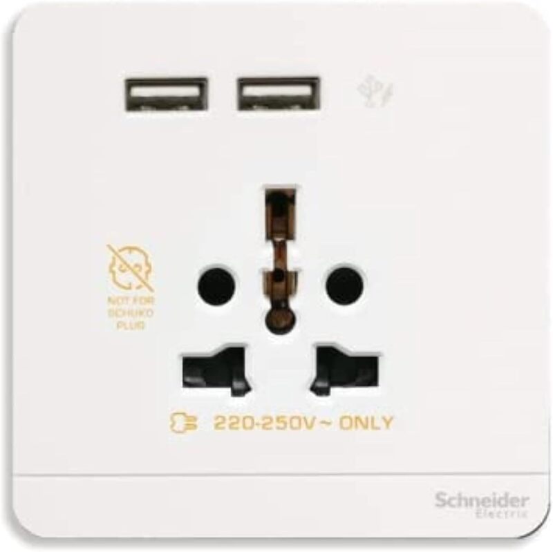 Schneider Electric AvatarOn, USB charger + 2 socket-outlet, 2P, 16A, White (Model Number-E8342616USB_WE) - Pack of 5