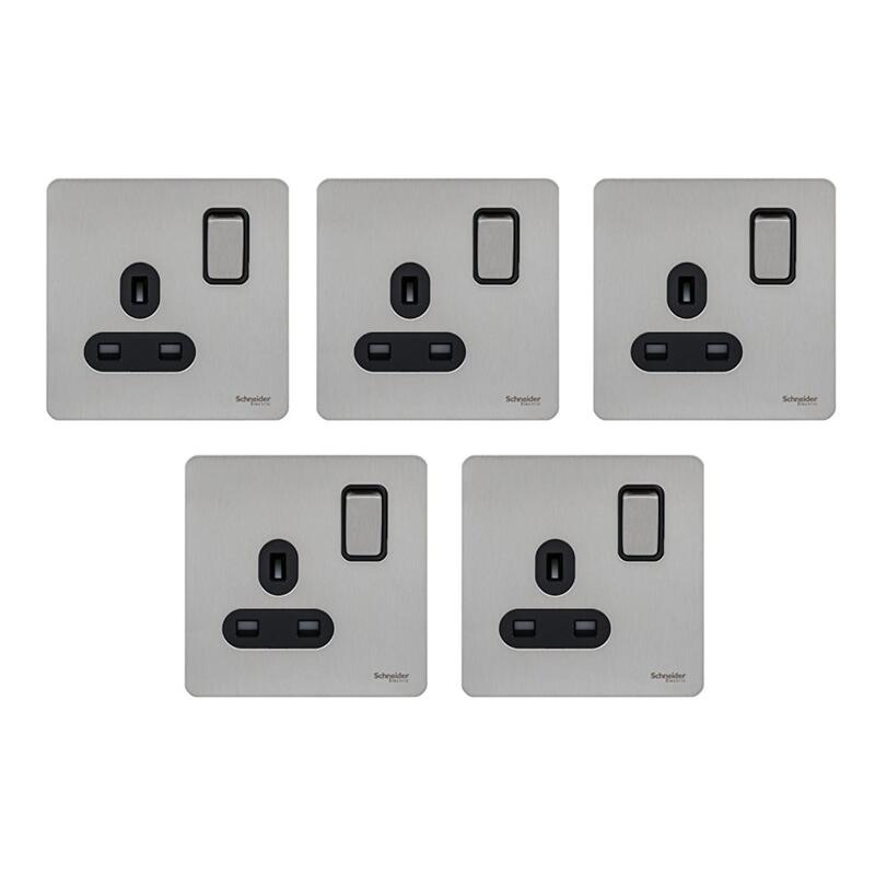 Schneider Electric GU3410-BSS 13A 1-Gang Ultimate Screwless Flat Plate Switched Socket, Stainless Steel - Pack of 5