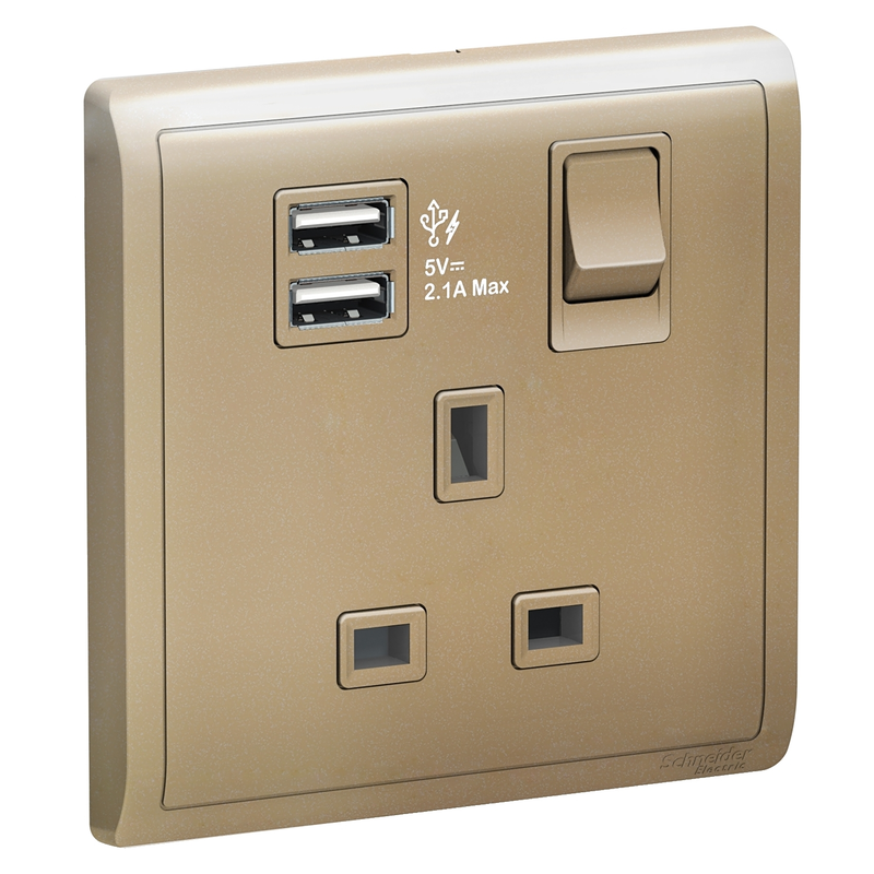Schneider Electric 3A 1 Gang Switched Socket with 2.1A USB, Wine Gold - E8215USB_WG