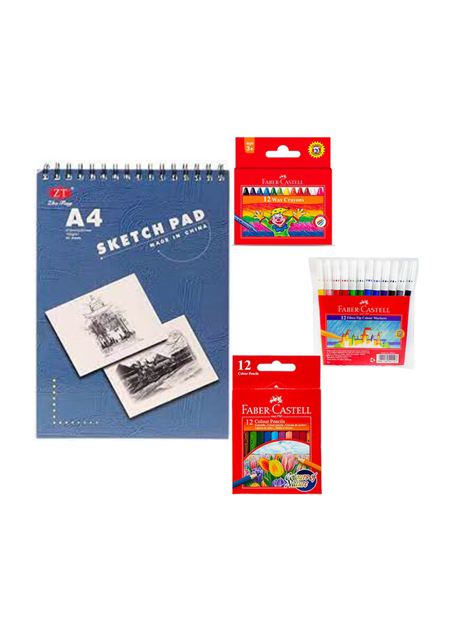 Bundle:Zhu Ting Spiral-Bound Sketch Pad +3 Pkt Faber-Castell ( 1 PKT Wax Crayons set  of 12 + 1 PKT Fibre Tip Pens Set of 12 + 1 PKT Colour Pencils set of 12)