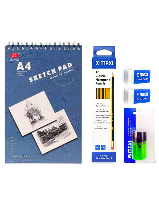 Bundle:Zhu Ting Spiral-Bound Sketch Pad +1 Pkt Maxi Classic Hexagonal Graphite Pencil HB With Rubber Tip,Box of 12+ 2Pcs Maxi Pencil Eraser + 1 Pcs Maxi Sharpener Good Quality German Blade