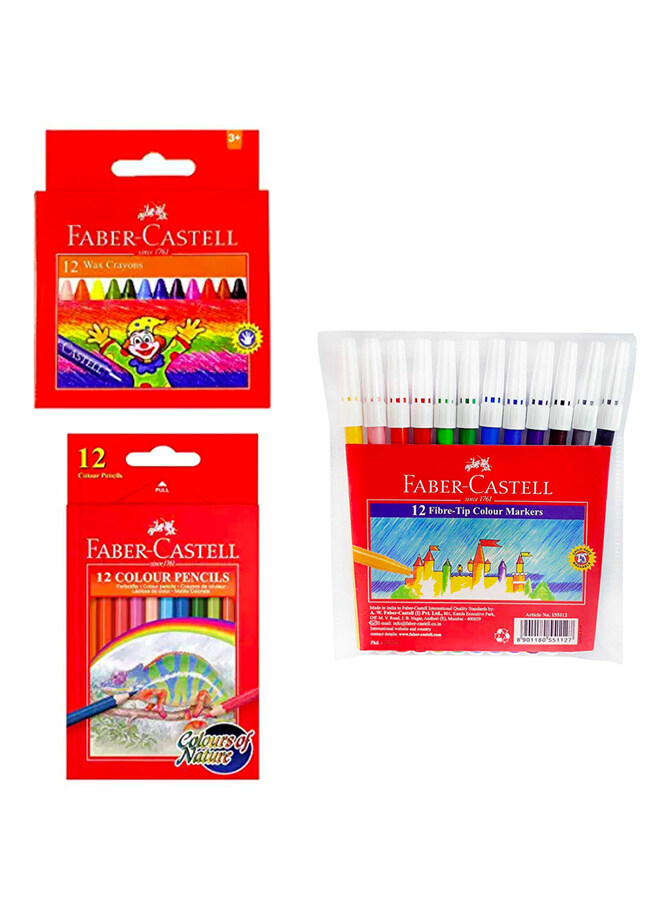 Bundle:3 Pkt Faber-Castell ( 1 PKT Wax Crayons set  of 12 + 1 PKT Fibre Tip Pens Set of 12 + 1 PKT Colour Pencils set of 12)12 Col Felt Pen + 12 Col Full + 12 Col Crayons )