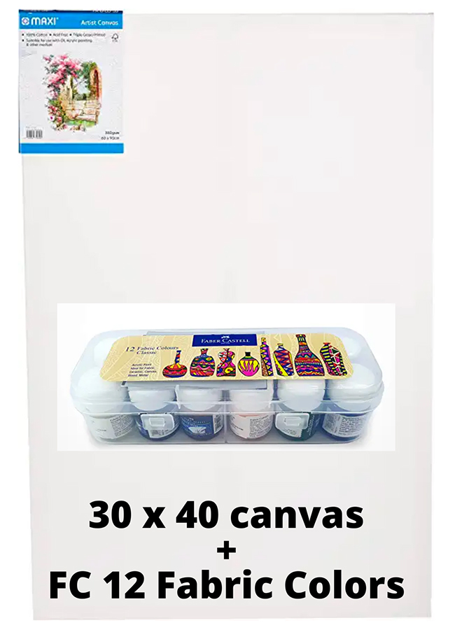 Bundle: MAXI Stretched Painting Canvas White Board  30X40 + Faber-Castell Fabric Colors 12 Colors X 10Ml In A Plastic Box