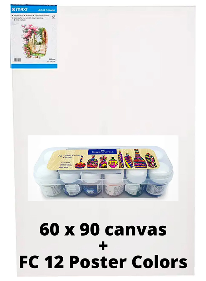 Bundle: MAXI Stretched Painting Canvas White Board  60X90 + Faber-Castell Fabric Colors 12 Colors X 10Ml In A Plastic Box
