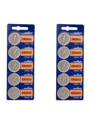 Murata CR2032 Battery 3V Lithium Coin Cell, Replaces Sony CR2032, 10 Pieces, Silver