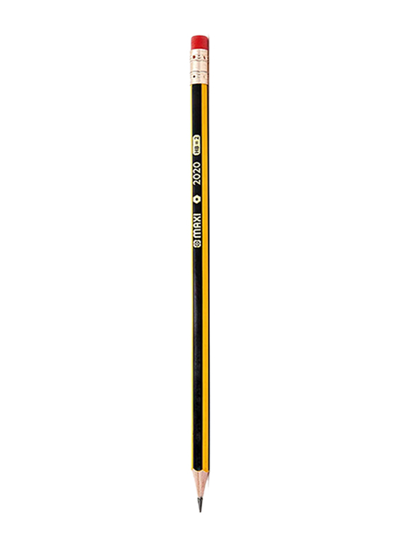 Maxi 12 Piece Classic Hexagonal Graphite Pencil HB With Rubber Tip, Black/Yellow