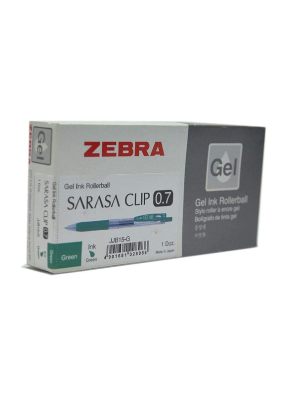 Zebra 12-Piece Sarasa Clip Gel Ink Rollerball Pen, 0.7mm, Green