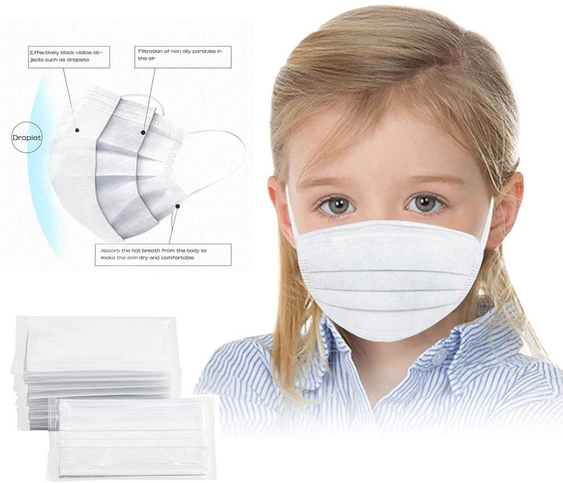 BeAcien 3-Layer Antibacterial Disposable Face Mask for Kids, White, 50-Pieces