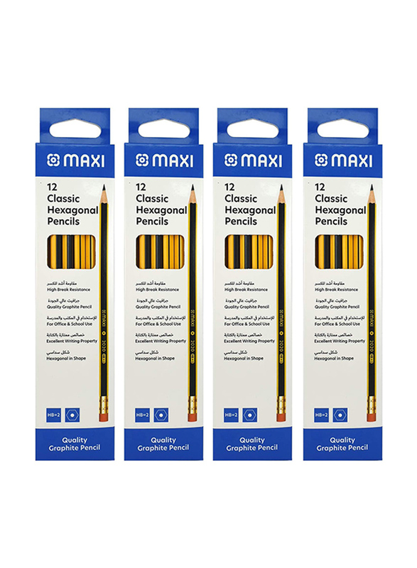 Maxi 48 Piece Classic Hexagonal Graphite Pencil HB With Rubber Tip, Black/Yellow