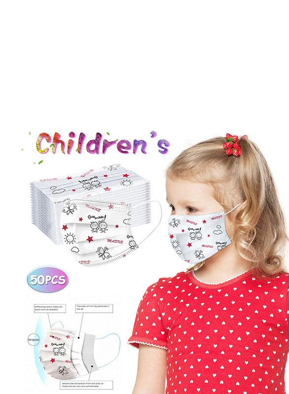 JZY-AD Cute Designs Printed Disposable Face Mask for Kids, White, 50 Piece