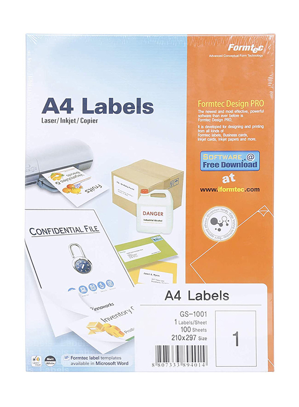 Formtec Labels, A4 Size, 100 Sheet, Clear