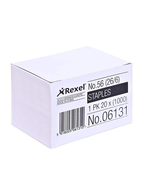 Rexel No.56 Staples, 6mm, 20 x 1000 Pieces, Silver