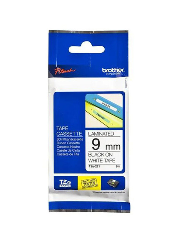 Brother P-Touch Laminated Tape, 9mm, TZ-E221, Black/White