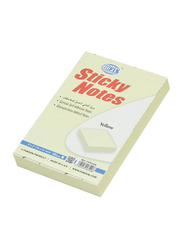 FIS Face Sticky Note Pads, 3 x 2 inches, 12 x 100 Sheets, Yellow