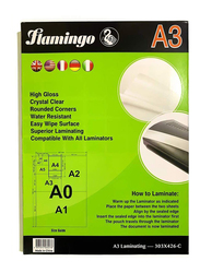 Flamingo A3 125 Micron High Glossy Crystal Laminating Pouch Film Set, 100 Pieces, Clear