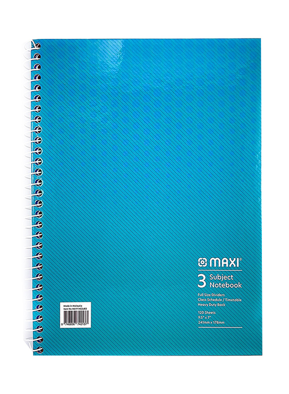 Maxi Spiral Hard Cover 3 Subject Notebook, 9.5 x 7inch, 120 Sheets, Multicolour