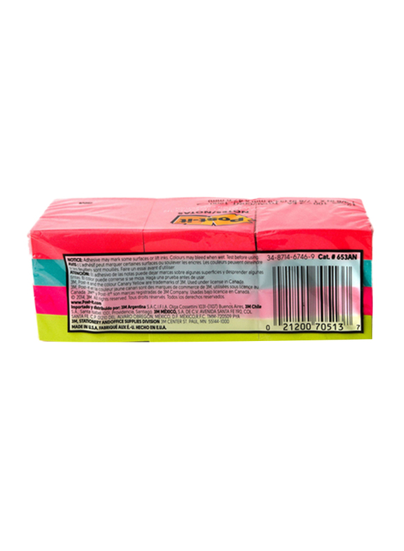 3M Post-it 653AN Neon Colour Sticky Notes, 34.9 x 47.6mm, 12 x 100 Sheets, Multicolour