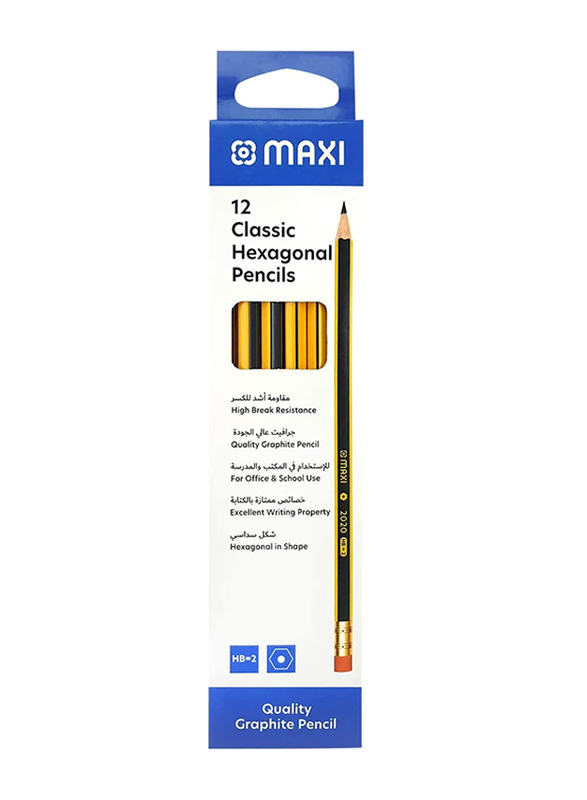 Maxi 12 Piece Classic Hexagonal Graphite Pencil HB With Rubber Tip, Black/Yellow