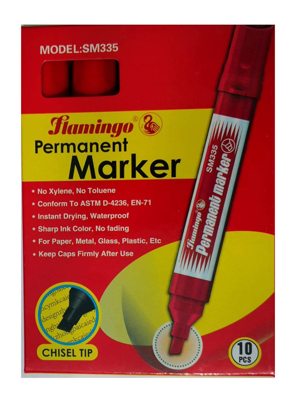 Flamingo 10-Piece SM335 Chisel Tip Permanent Marker Set, Red