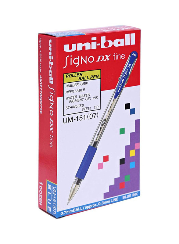 Uniball 12-Piece Signo DX Fine Waterproof Gel Pen Set, 0.7mm, UM-151, Blue