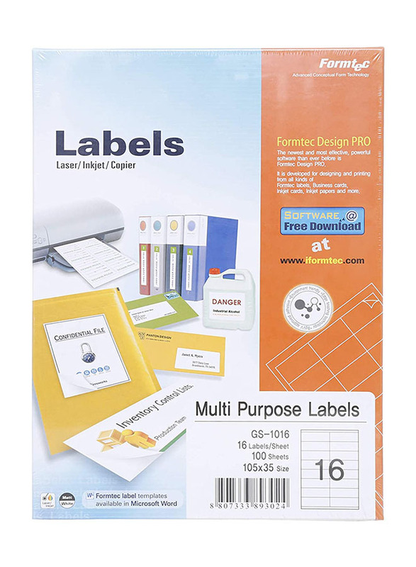 Formtec A4 Labels, 16 Labels Per Sheet, 100 Sheet Box, Multicolour