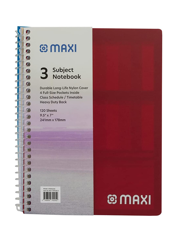 Maxi Spiral Polypropylene 3 Subject Notebook, 9.5 x 7inch, 120 Sheets, Assorted