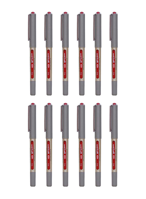 يوني بول مجموعة أقلام حبر جاف آي فاين من 12 قطعة، 0.7 ملم، أحمر