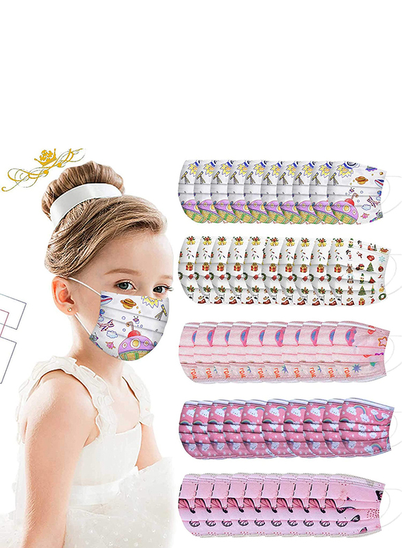 JZY-AD Printed Disposable Face Mask for Kids, Multicolour, 50-Pieces