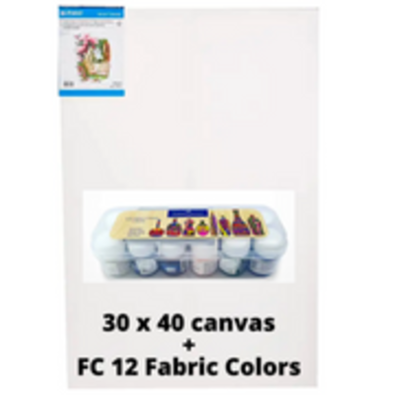 

Generic Bundle: MAXI Stretched Painting Canvas White Board 30X40 + Faber-Castell Fabric Colors 12 Colors X 10Ml In A Plastic Box