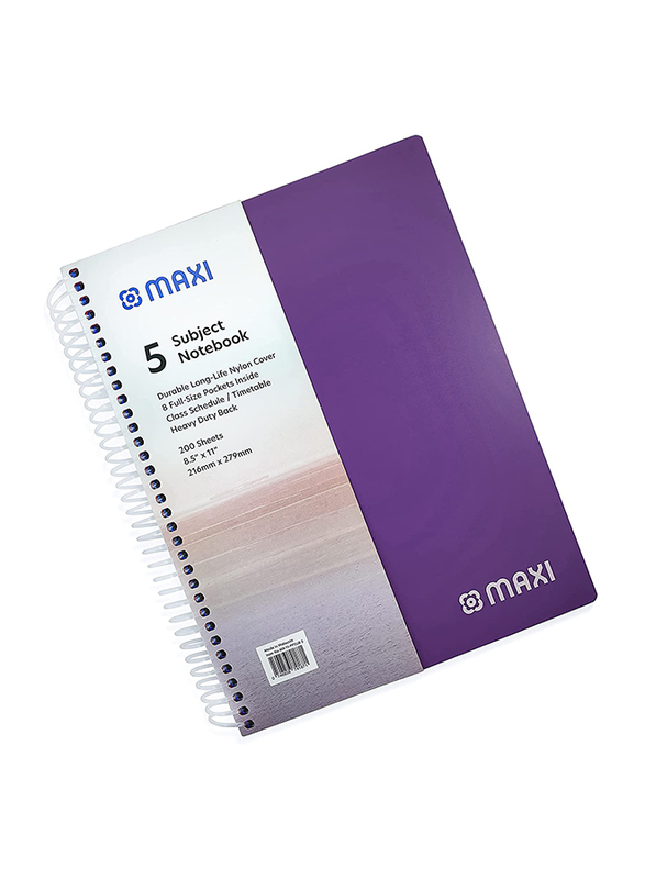 Maxi Spiral Polypropylene 5 Subject Notebook, 11 x 8.5inch, 200 Sheets, Assorted
