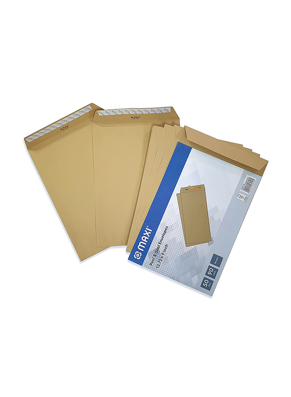 Maxi Peel & Seal Envelopes, 90 GSM, 12.75 x 9 inch, 50 Piece, Brown