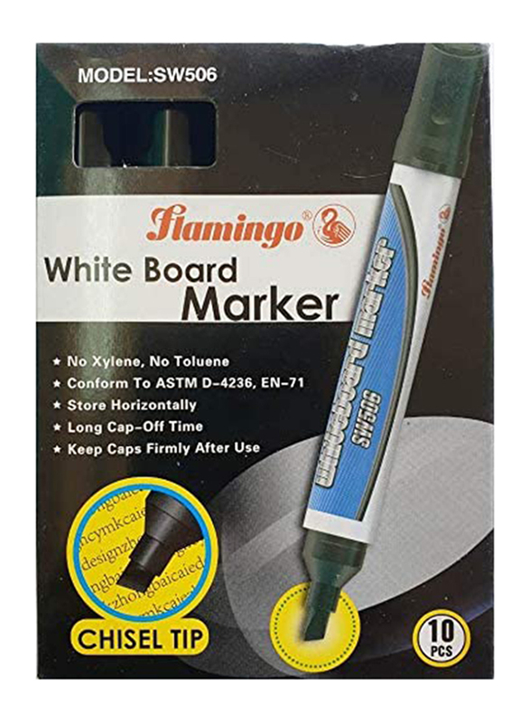 Flamingo Chisel Tip White Board Marker, 10 Pieces, Black