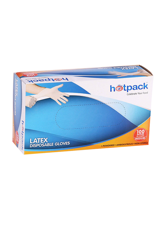Hotpack Latex Disposable Examination Gloves, Medium, 100 Pieces, White