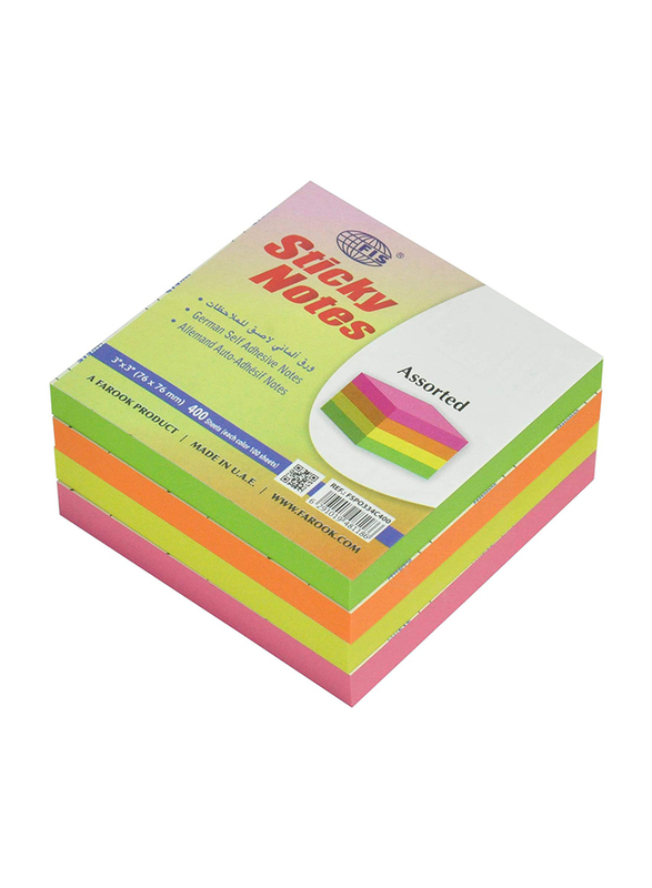FIS Assorted Fluorescent Sticky Notes Set, 3 x 3 inch, 4 x 100 Sheets, FSPO334C400, Multicolour