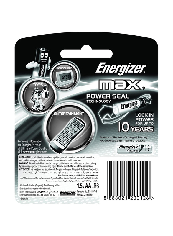Energizer Max 1.5V AA Alkaline Batteries, 4 Pieces, Multicolour