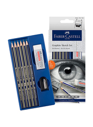 Faber-Castell 6-Piece Gold Faber Graphite Sketch Degree Pencil with Sharpener and Eraser Set, Blue/Grey