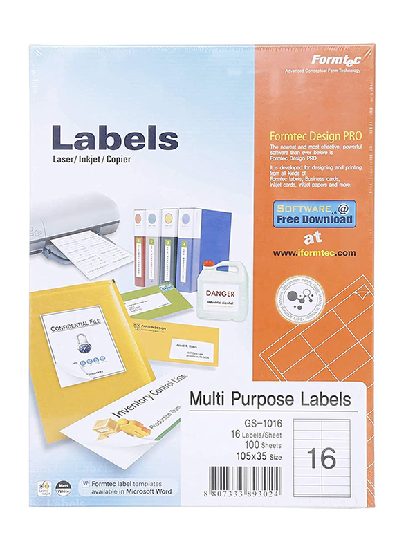 Formtec FT-GS-1016 Labels, 105 x 35mm, 100 Sheet, Clear