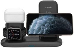 Porodo 4-in-1 Charging Station, 7.5W/10W for iPhone/Apple Watch/Airpods Black, PD-W02-BK, Black