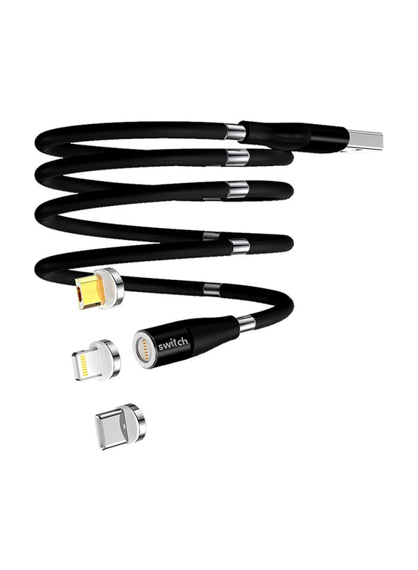 

Switch 1.8-Meter 3-in-1 Magnetic Charge and Sync Cable, USB Type A Male to Micro-USB/Type-C/Lightning, Self Storing Cable, Black