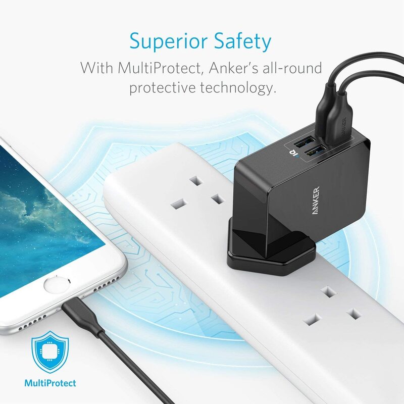 Anker PowerPort Lite 4 Port USB Charger, 27W, 2.4A , with Interchangeable UK and EU Travel Adapter, Black