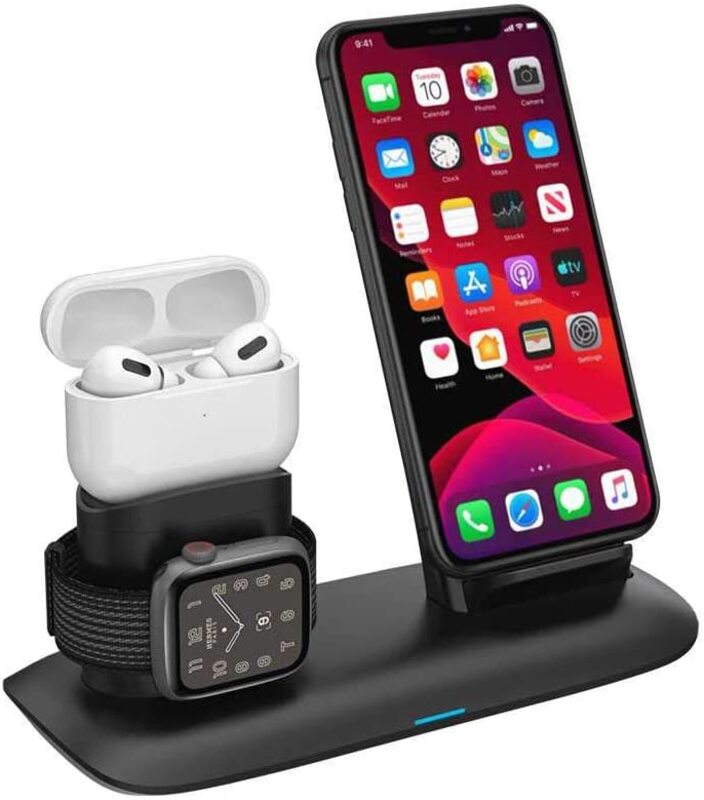 Porodo 4-in-1 Charging Station, 7.5W/10W for iPhone/Apple Watch/Airpods Black, PD-W02-BK, Black