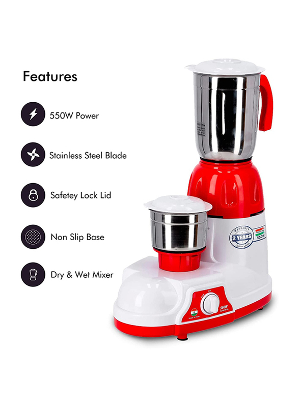 Geepas 1.5L 2-in-1 Mixer Grinder with Stainless Steel Jars, GSB5456, White/Red