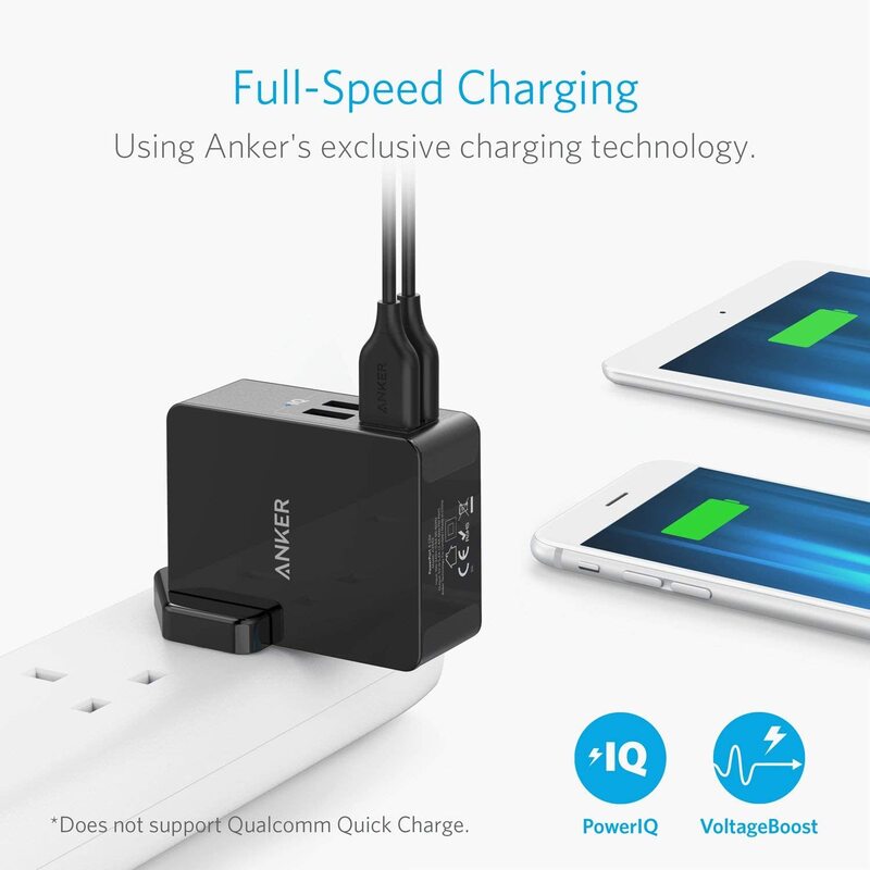 Anker PowerPort Lite 4 Port USB Charger, 27W, 2.4A , with Interchangeable UK and EU Travel Adapter, Black