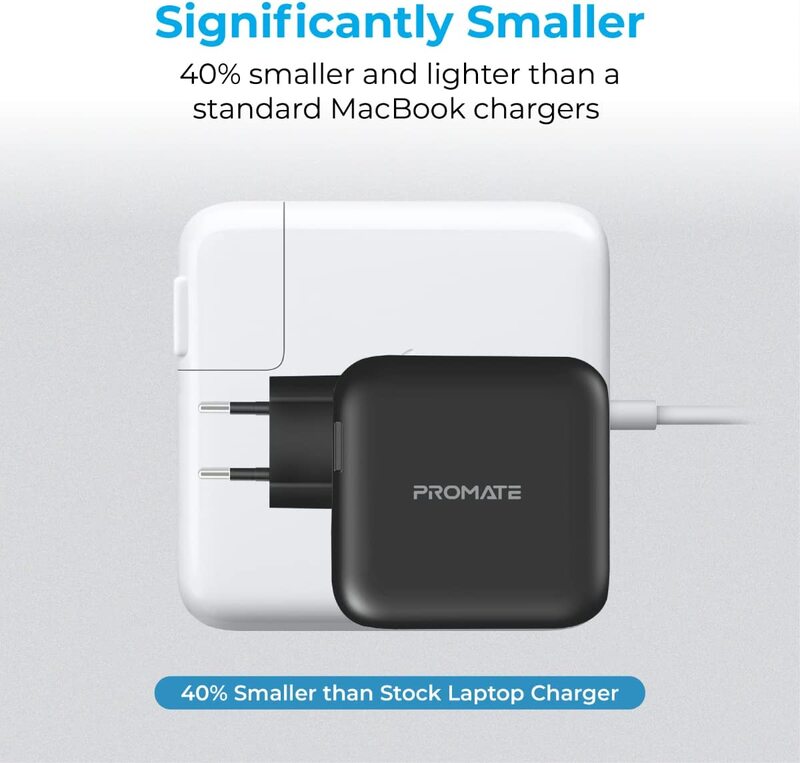Promate GaN Fast Charging USB-C Charger, 90W, Dual USB-C Laptop Charger, Black